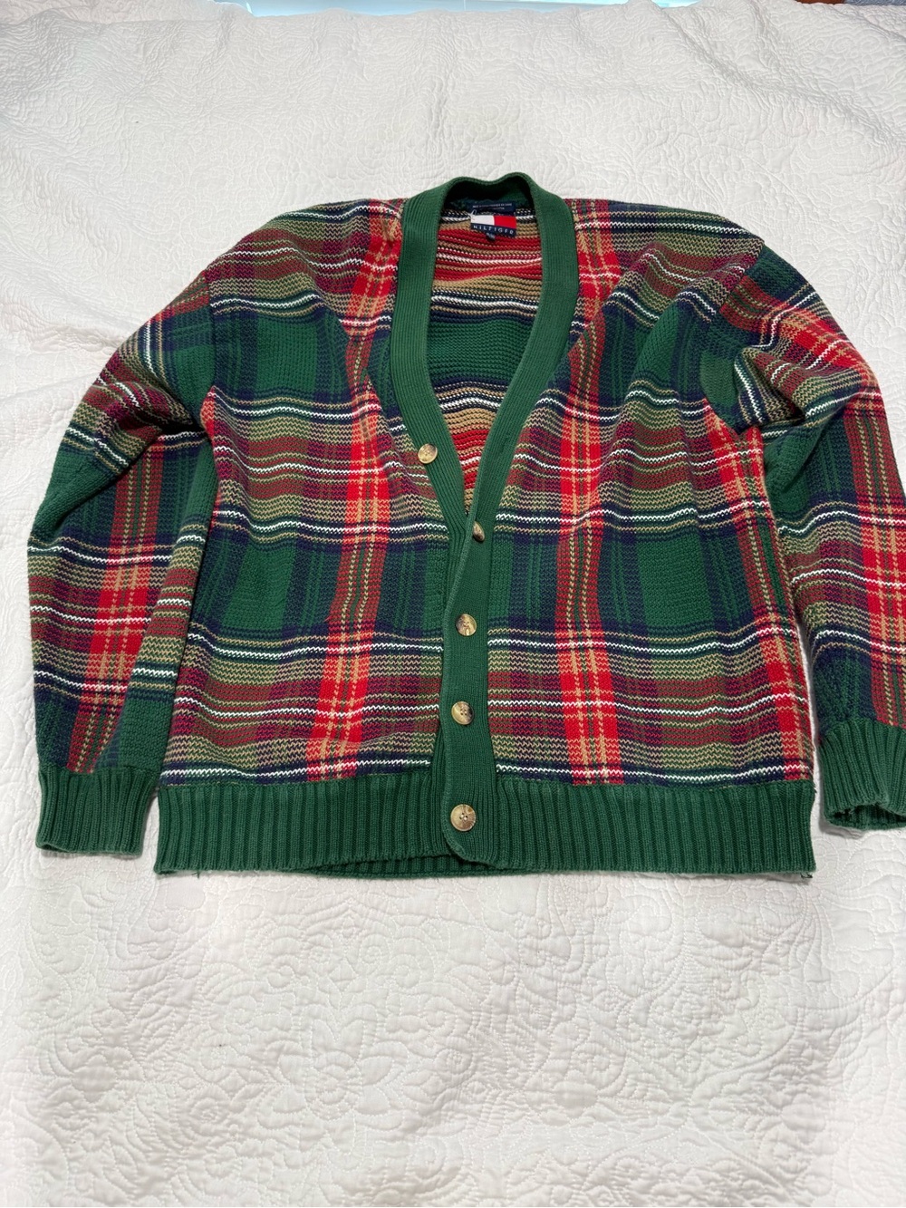 Tommy Hilfiger Green Red Plaid Cotton Cardigan